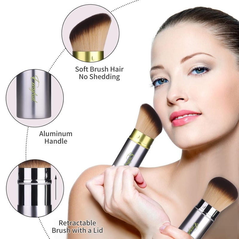 Easyhut Retractable Kabuki Makeup Brushes 2 Pcs Blush Brushes Set Portable Powder Brushes with Flat and Angled Top for Liquid Cream Cosmetics Travel, large/1.18inch(Silver Green) - Image 5